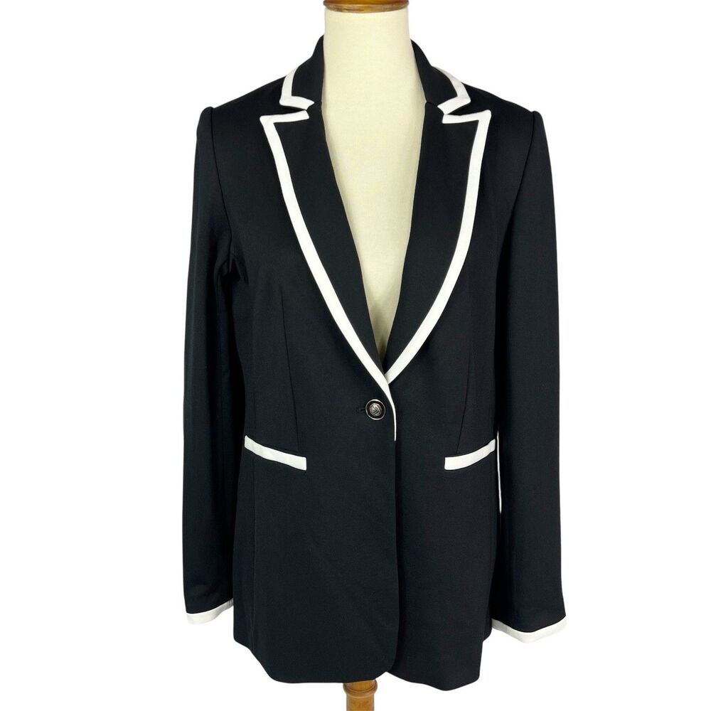 NEW Elie Tahari Black White Trim One Button Notched Lapel Knit Blazer Women’s 8